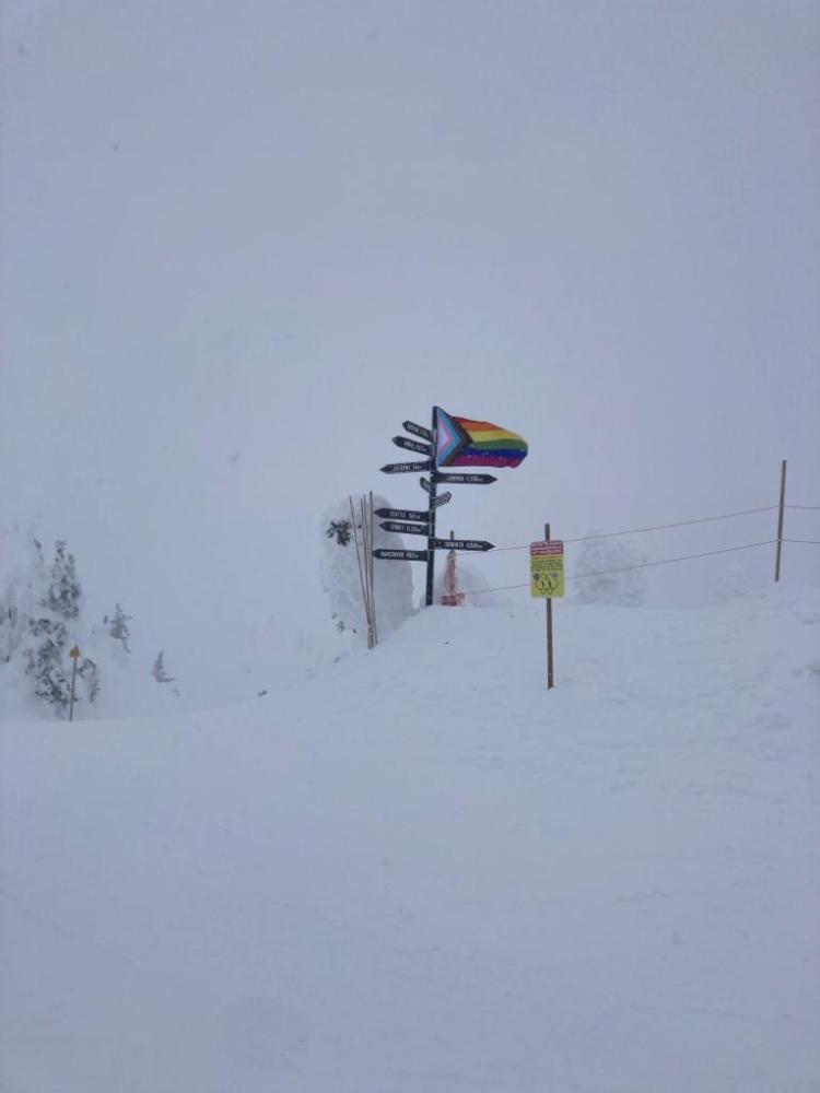 Piles of white snow against a white sky. A rainbow pride flag waves on a post with signs pointing to destinations in all directions.